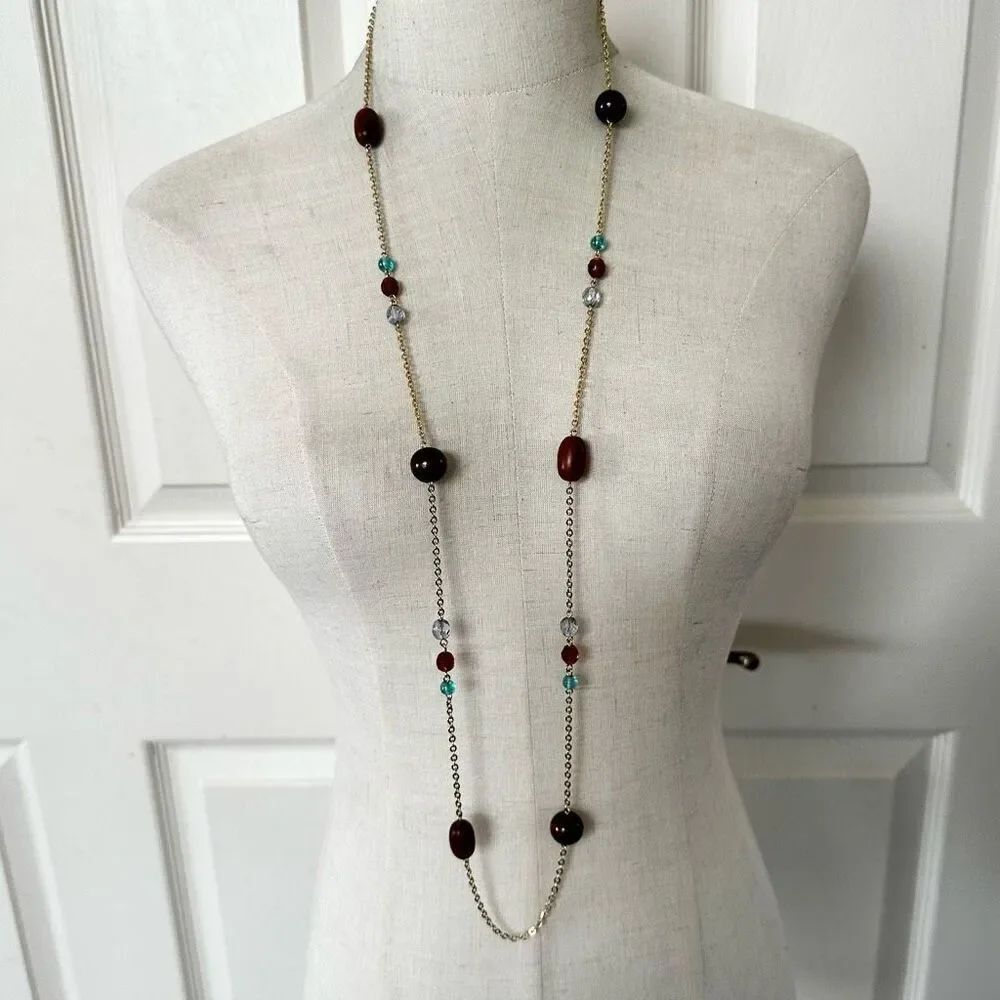 Rachel brown blue gold tone long beaded necklace